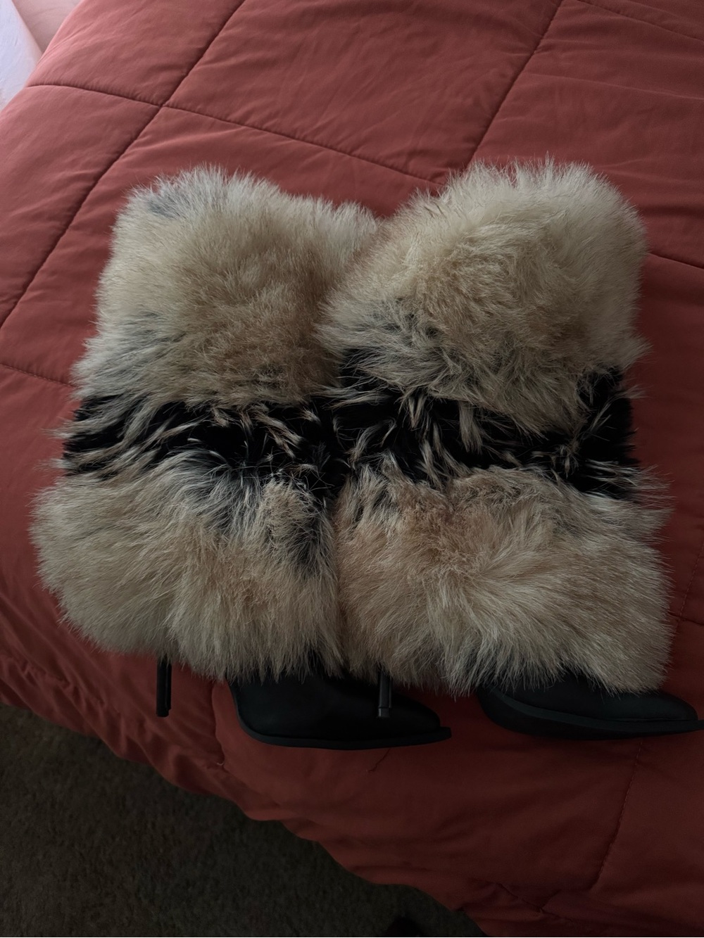 AKIRA Beige and Black Faux Fur Heeled Boots